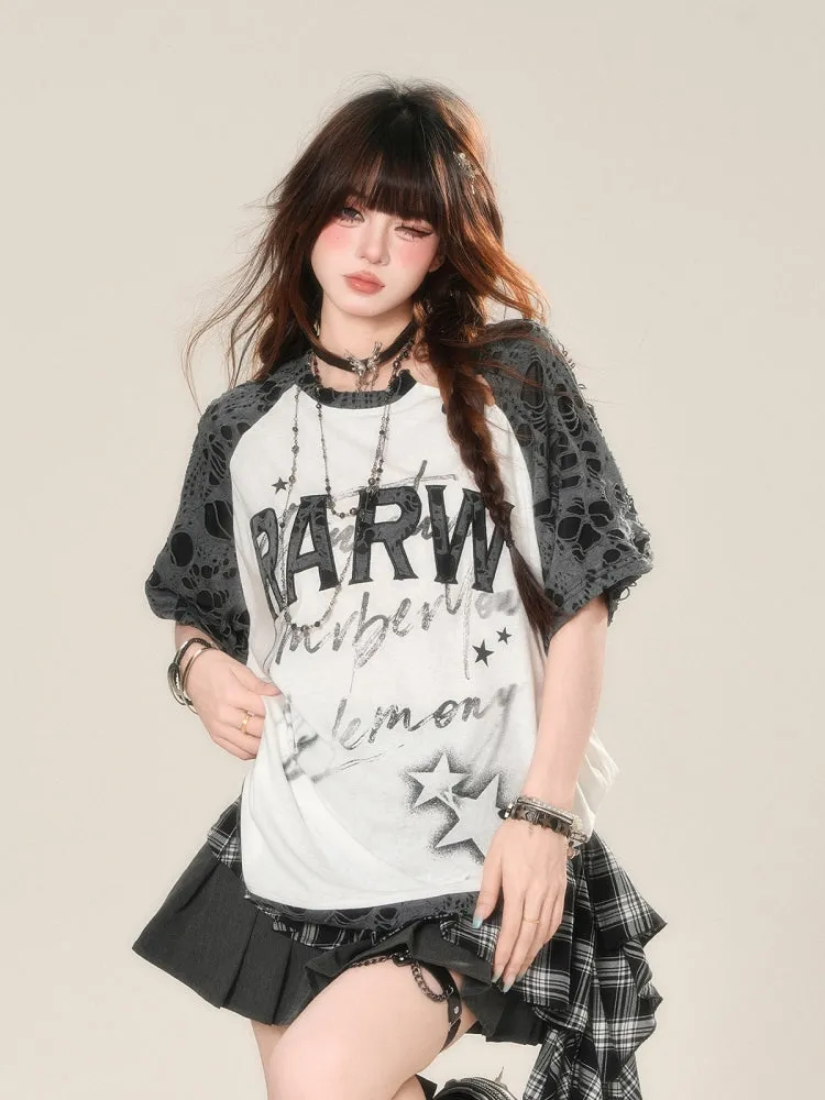 American-Style Distressed Short-Sleeve Embroidered Top