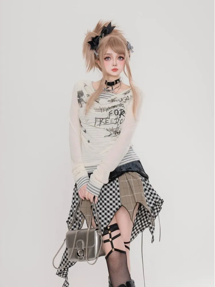 American Style Fake Two-Piece Striped Long-Sleeve T-Shirt Apricot