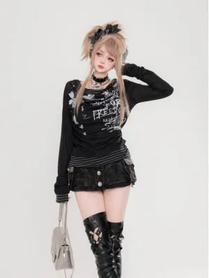 American Style Fake Two-Piece Striped Long-Sleeve T-Shirt Black
