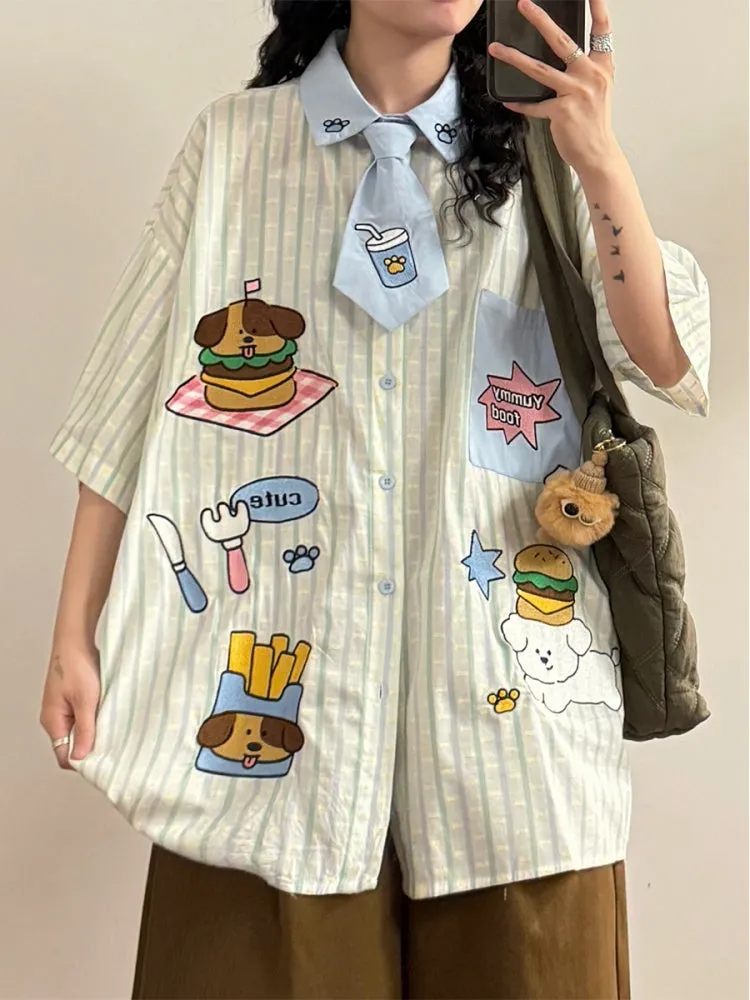 American Style Hamburger and Puppy Embroidered Vertical Striped Shirt
