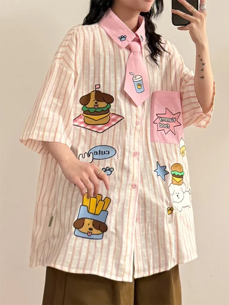 American Style Hamburger and Puppy Embroidered Vertical Striped Shirt
