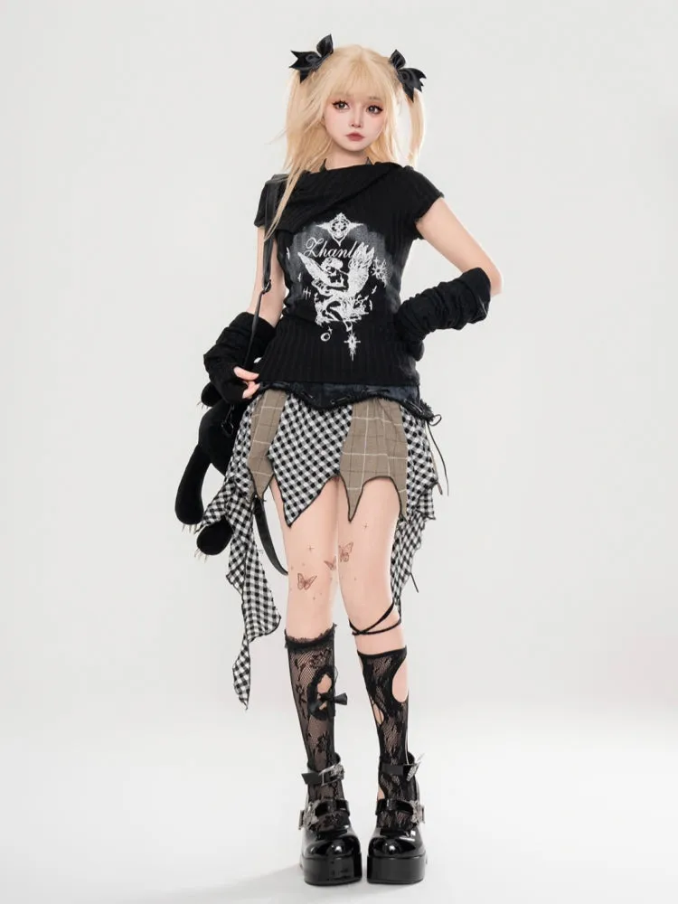 American-Style Hot Girl Plaid Patchwork Ribbon Denim Skirt
