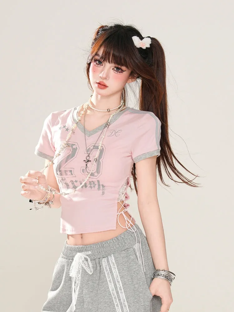 American-Style Letter Print Pink Short Crop Top