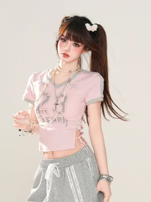 American-Style Letter Print Pink Short Crop Top