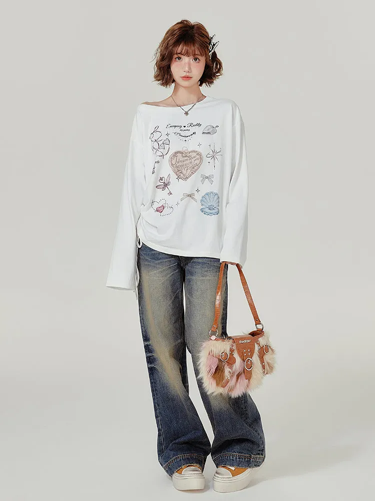 American Style Long-Sleeve Casual White T-Shirt