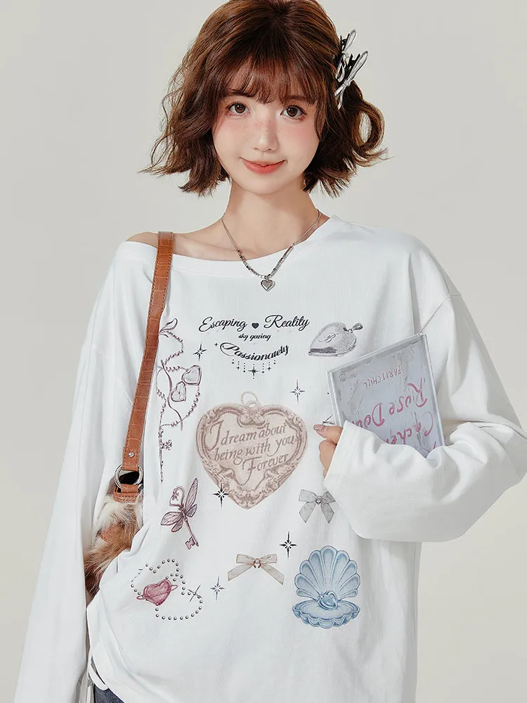 American Style Long-Sleeve Casual White T-Shirt