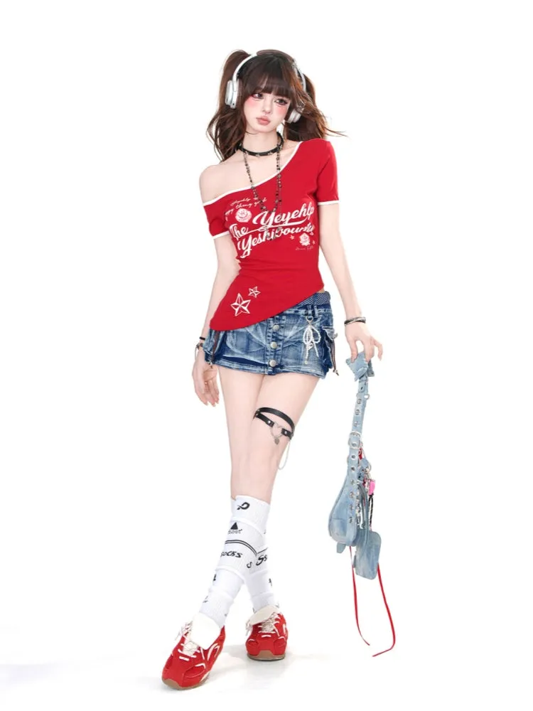 American-Style Short-Sleeve Asymmetrical Shoulder Slim Fit Red Top for Summer