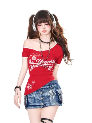 American-Style Short-Sleeve Asymmetrical Shoulder Slim Fit Red Top for Summer
