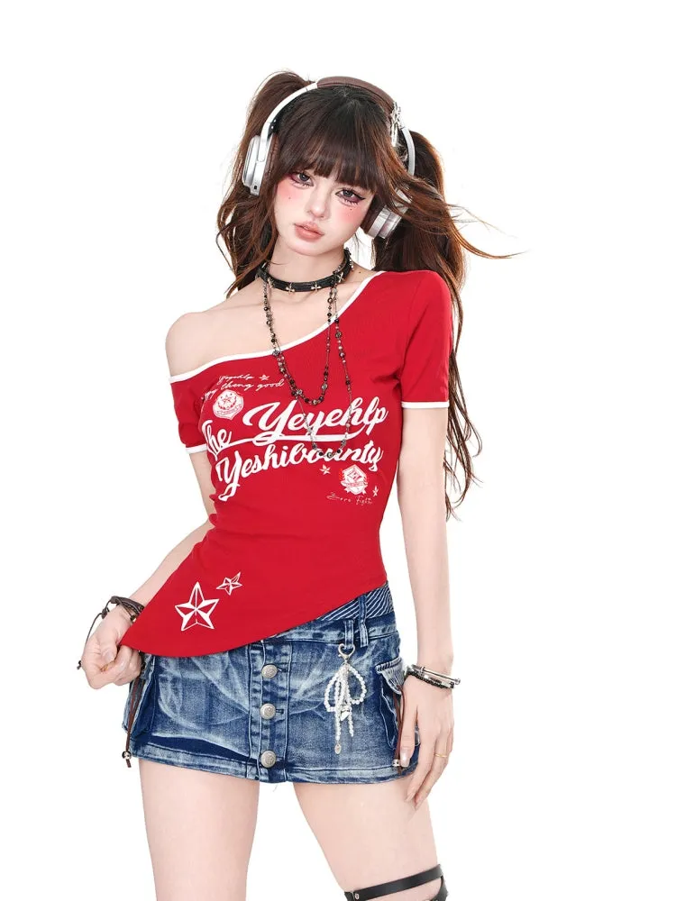 American-Style Short-Sleeve Asymmetrical Shoulder Slim Fit Red Top for Summer
