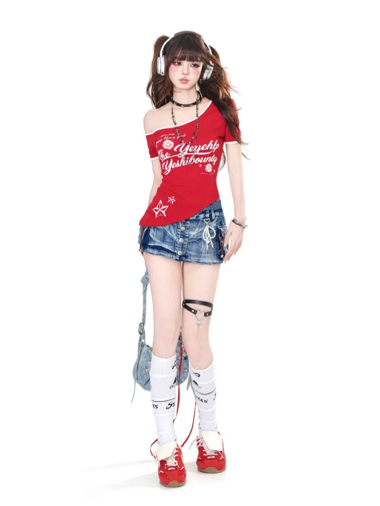 American-Style Short-Sleeve Asymmetrical Shoulder Slim Fit Red Top for Summer