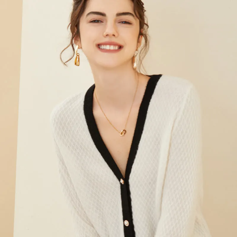 Casual Loose Knitted Cardigan Women's V-neck Color Block Sweater Cardigan