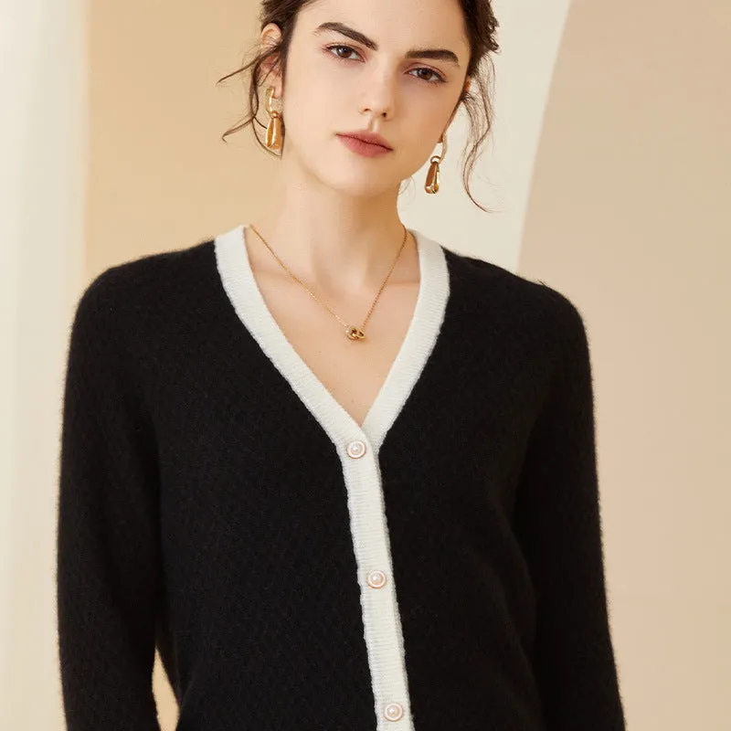 Casual Loose Knitted Cardigan Women's V-neck Color Block Sweater Cardigan